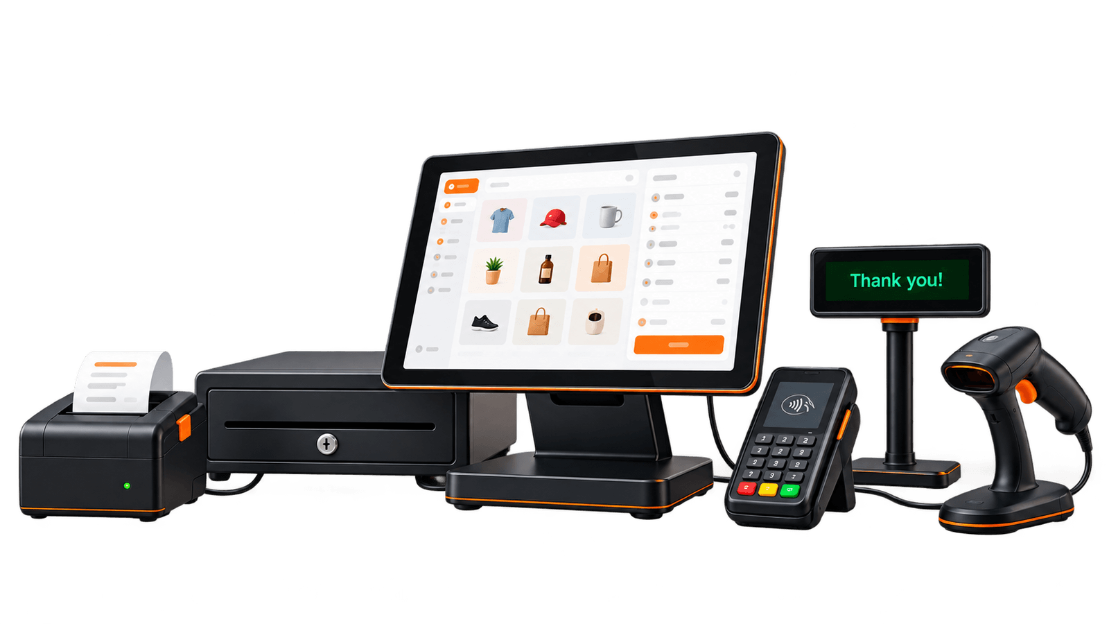 Complete SparkPOS hardware lineup with a receipt printer, cash drawer, touch screen, card terminal, customer display and barcode scanner
